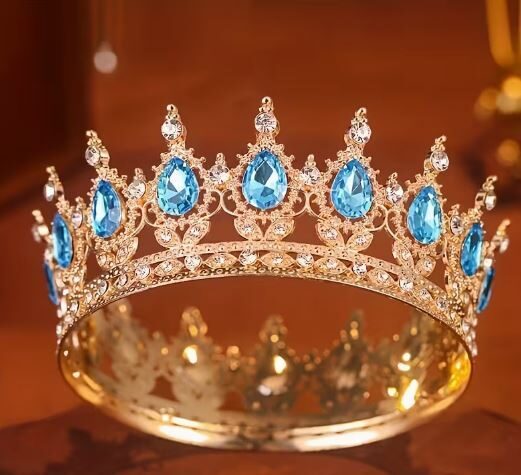 Karūna auksinės spalvos su šviesiai mėlynais kristalais 8cm